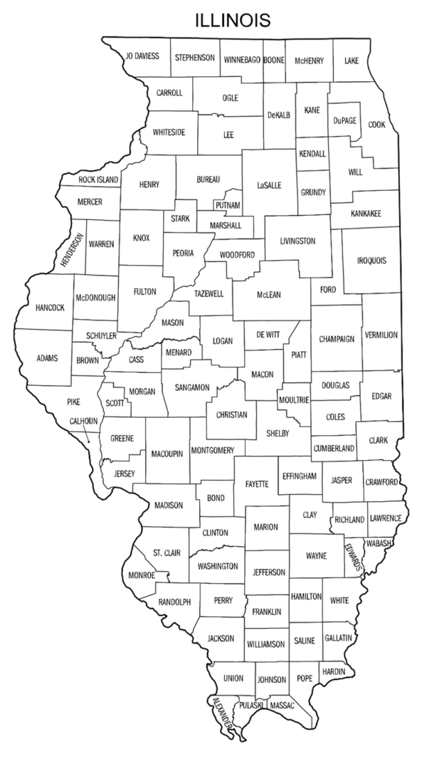 A map of the state of illinois with counties marked.