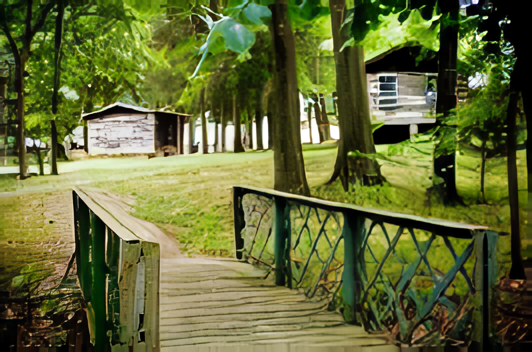 A wooden walkway leading to a cabin in the woods.